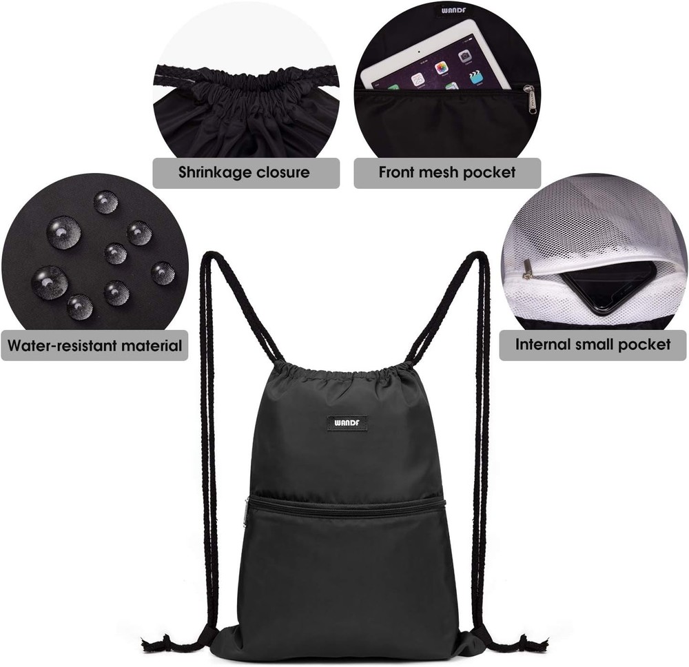 WANDF Drawstring Backpack String Bag Sackpack Cinch Water Resistant Black