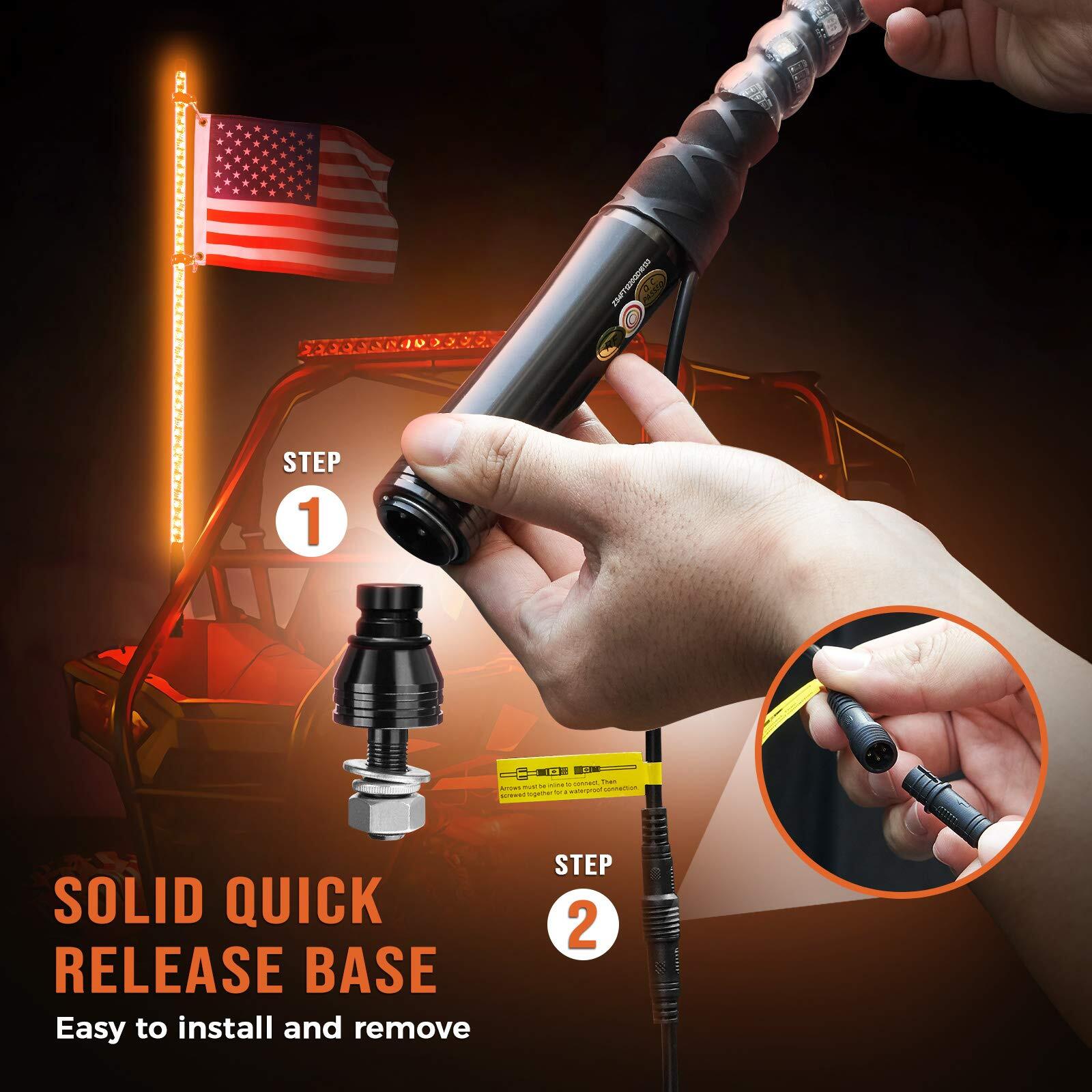 KEMIMOTO Pair 4ft Whip Lights RGB LED Lighted Antenna w/ Flag&Remote UTV ATV