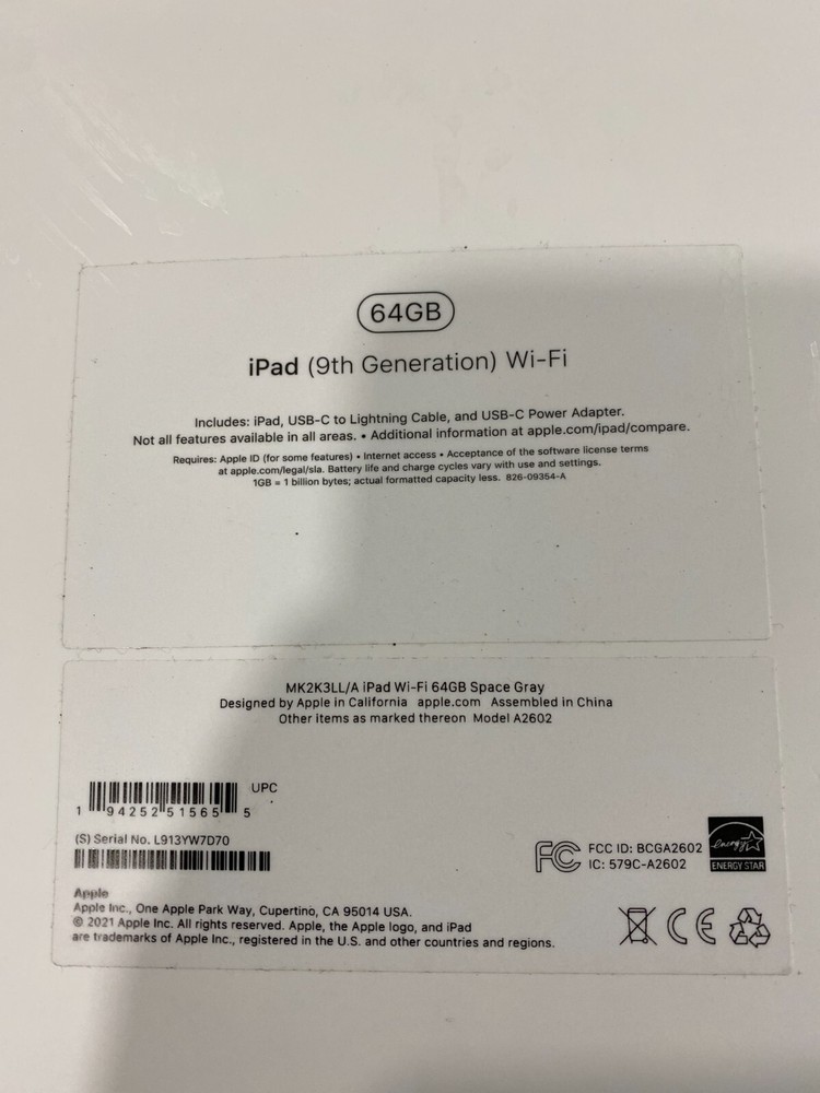 Apple iPad 9th Generation Wi-Fi + Cellular 64GB Silver EMPTY BOX
