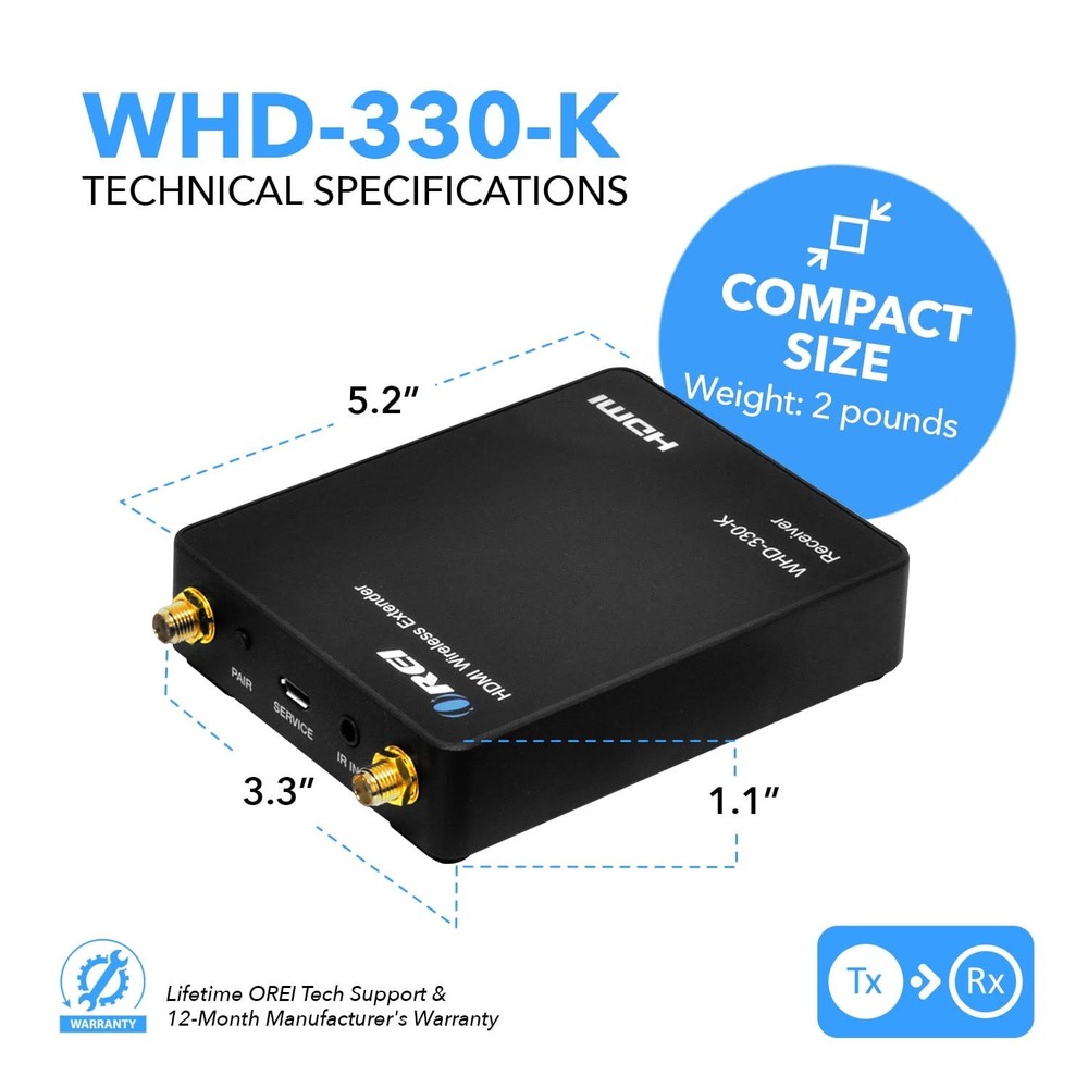 Orei Wireless HDMI Transmitter & Receiver WHD-PRO100-K - Black w/ IR Support
