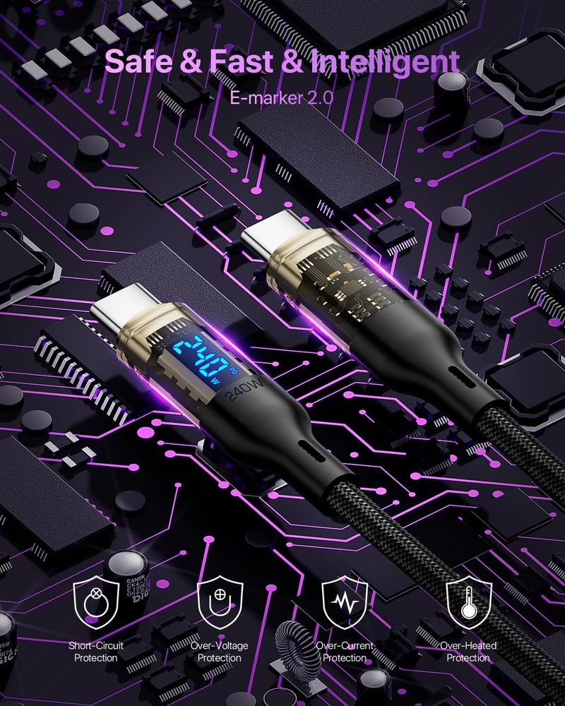 VisionSync 240W USB C to C Transparent Cable with LED Display 10Ft, Black