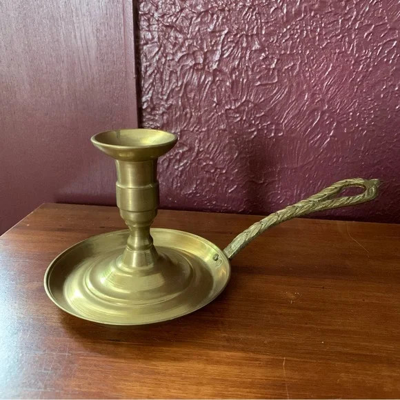 Vintage Brass Candle Holder with Loop Handle and Drip Plate