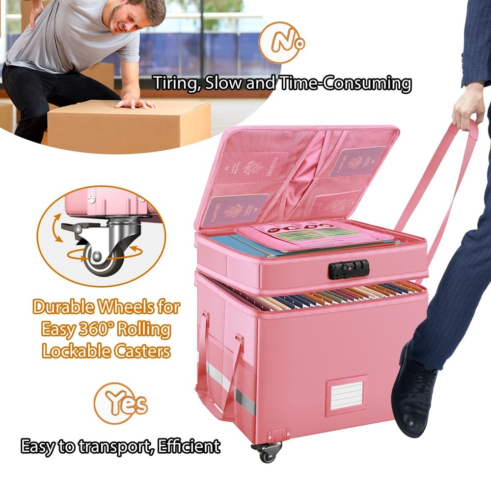 DocSafe File Box with Lock,2-Layer Fireproof Document Box with Wheels,Collaps...