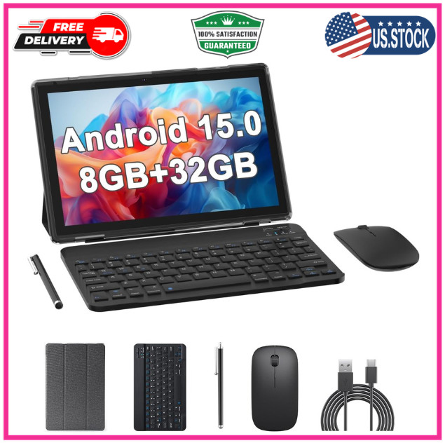 Android 15 Tablets 10 Inch, 2 in 1 Tablet, Tablet with Keyboard Black.