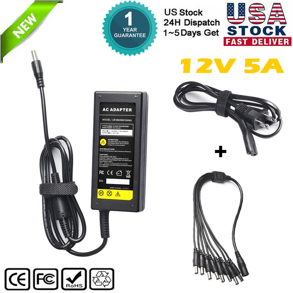 DC 12V 5A Power Supply Adapter+8 Split Power Cable For CCTV Security Camera DVR