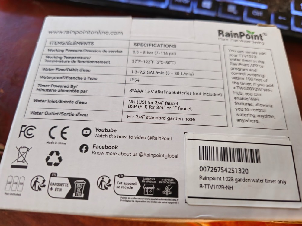 Rainpoint Wi-Fi Irrigation Controller New TTV102B Timer Only