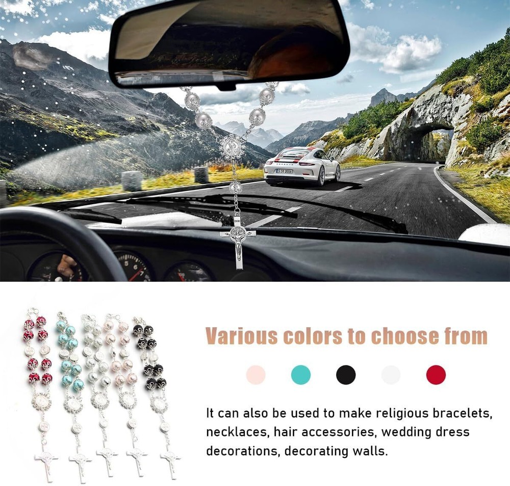 Car Rosary for Rearview Mirror, Personalized Rear View Cross Blessing Beads Deco