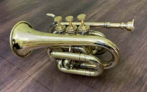 Polished Brass Bugle Instrument Pocket Trumpet With Vintage 3 Valve Flugel Horn