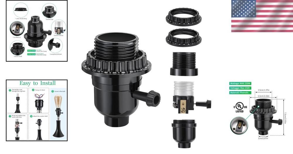 Durable E26 Light Socket with ON/OFF Switch & Shade Ring - Black Phenolic Finish