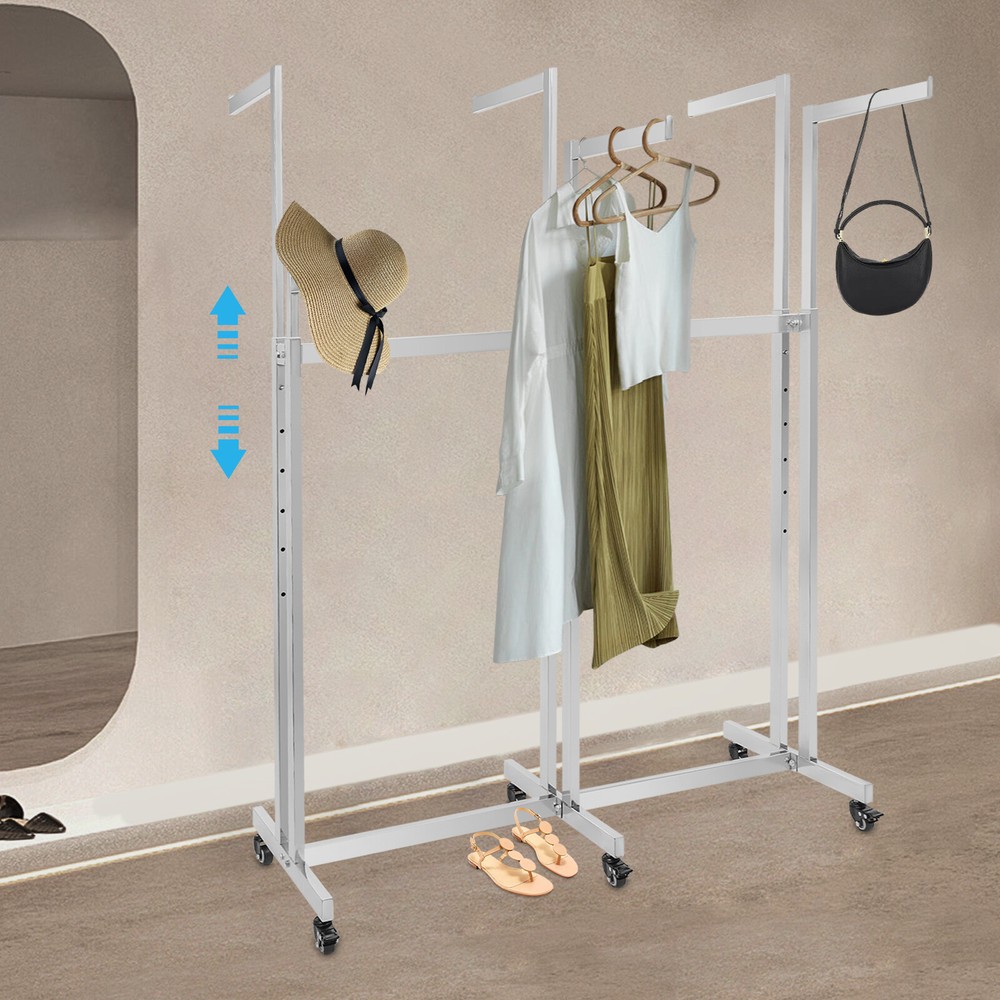 Adjustable Height 6-Arm Silver Garment Display Rack with Wheels