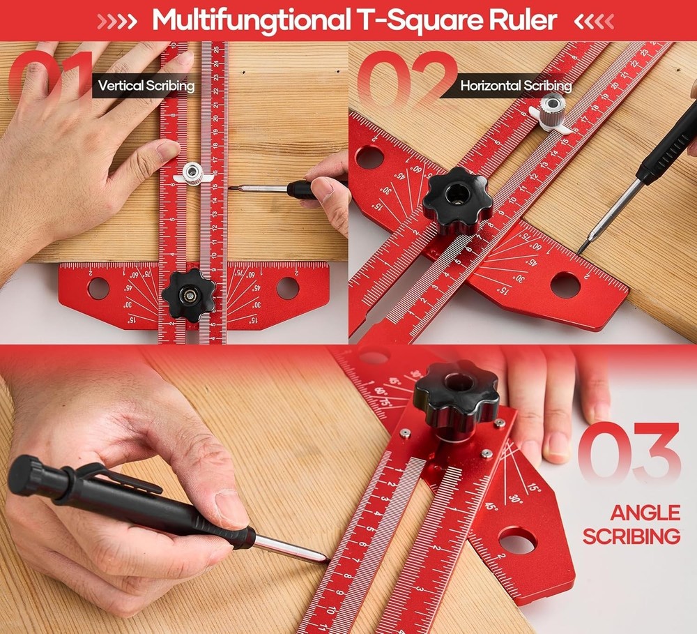 Precision Angle Adjusting T-Square Ruler with Laser Engraved Scales & Pencil