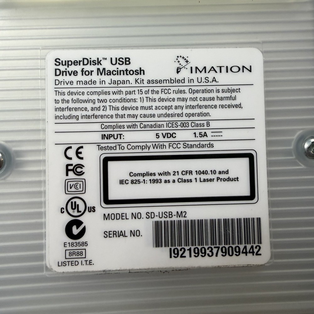 Imation Super Disk USB Drive for Macintosh Model SD-USB-M2 Floppy Disc No Cord