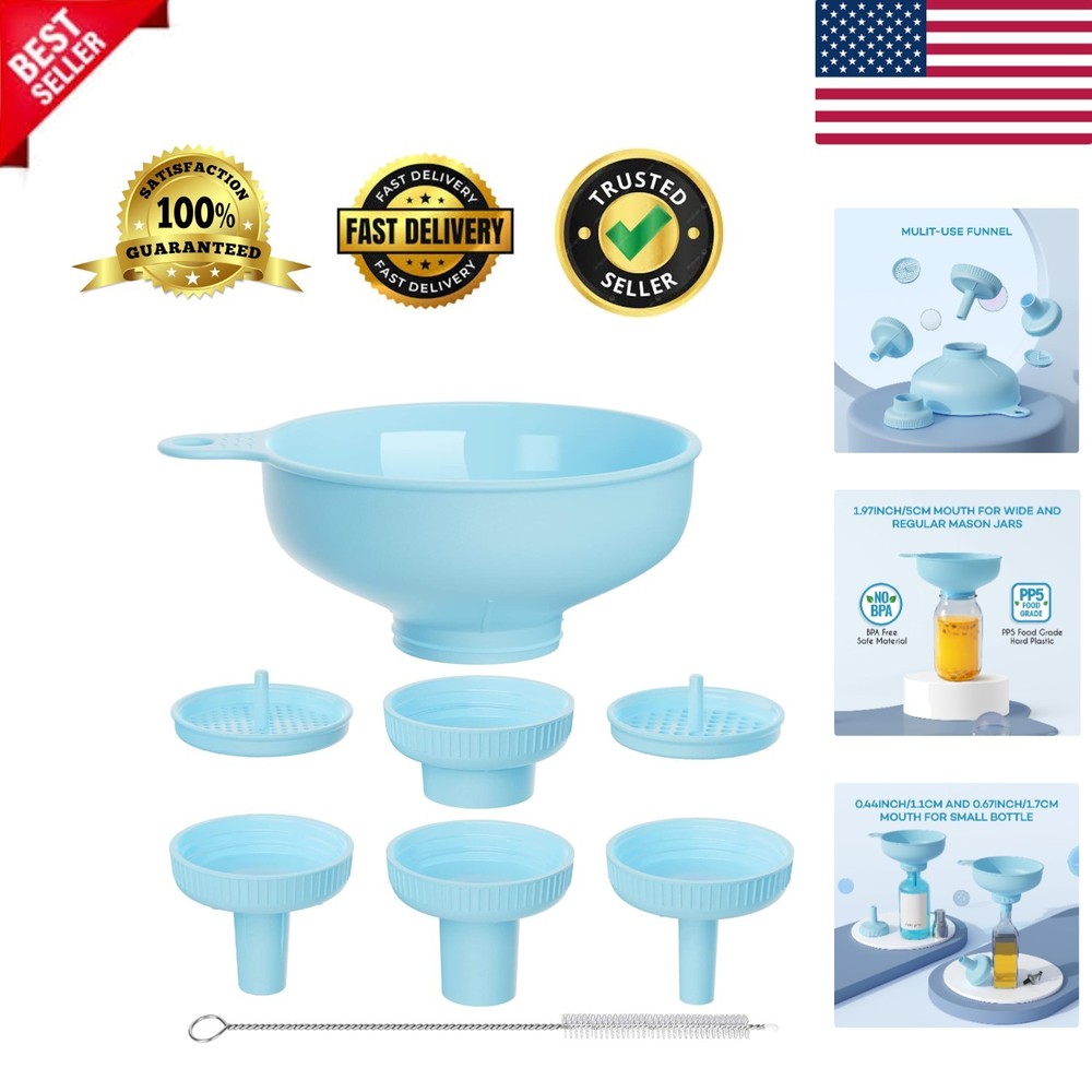 Versatile Blue Funnel Set with 5 Size Spouts & Strainers for Kitchen Ease