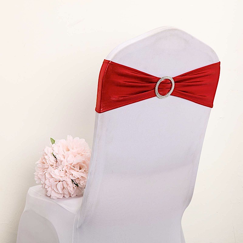 10 Red Metallic Spandex Chair Sashes with Silver Buckles Wedding Decorations