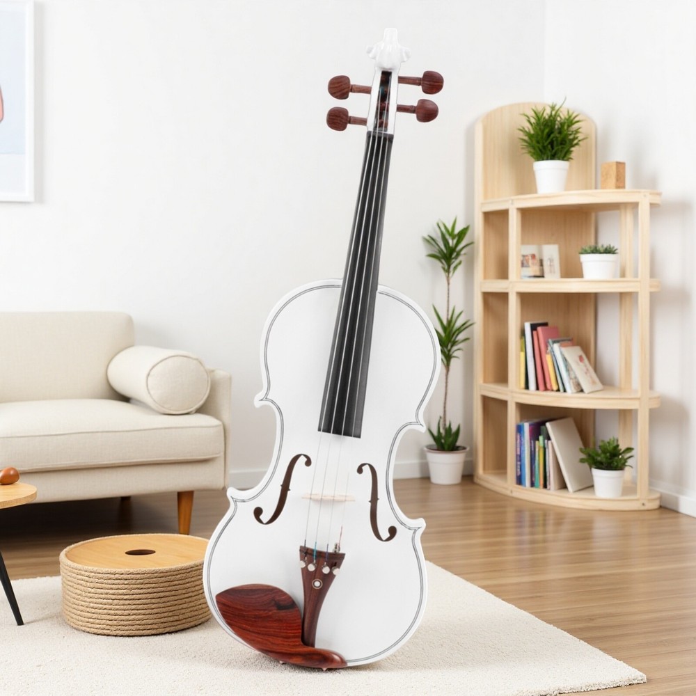 4/4 Solid Spruce Top Acoustic Beginner Violin Set - Tuner, White, Shoulder Rest