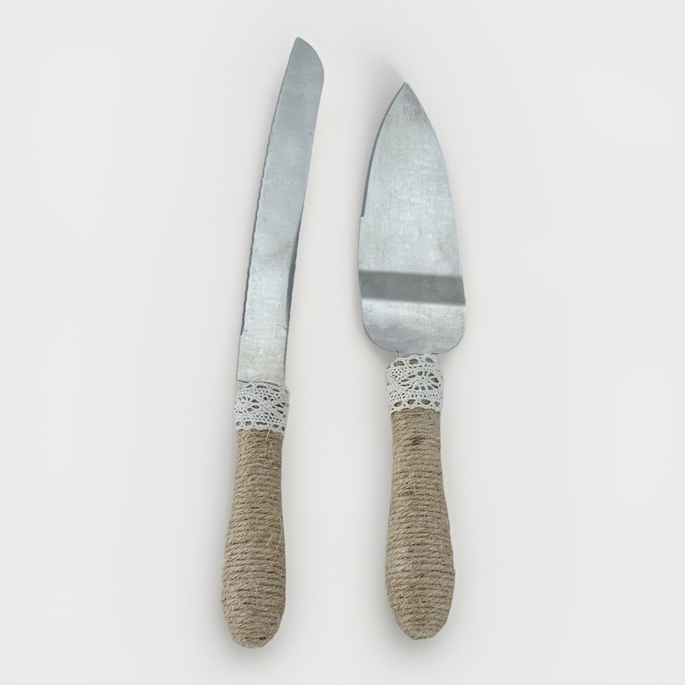 VTG Rustic Cake Server Knife Set Twine Wrapped Handles Stainless