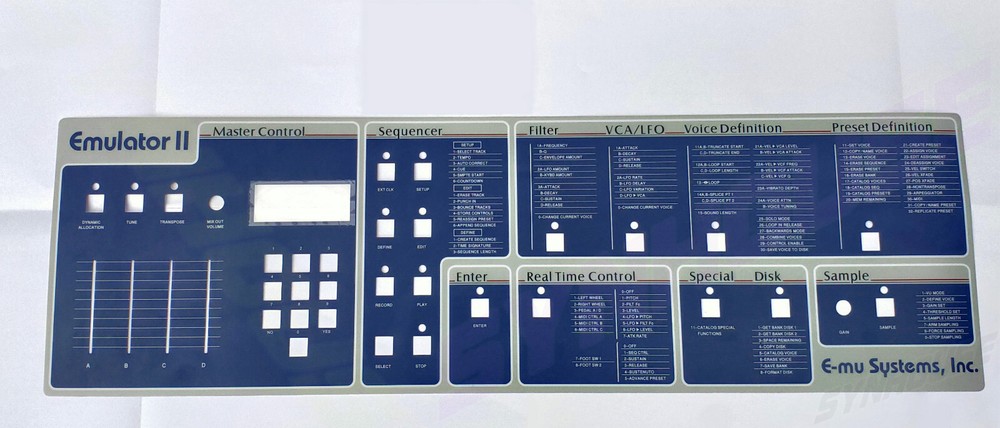 WORLD'S BEST New E-mu Emulator II Replacement Main Control Panel Overlay - MINT!