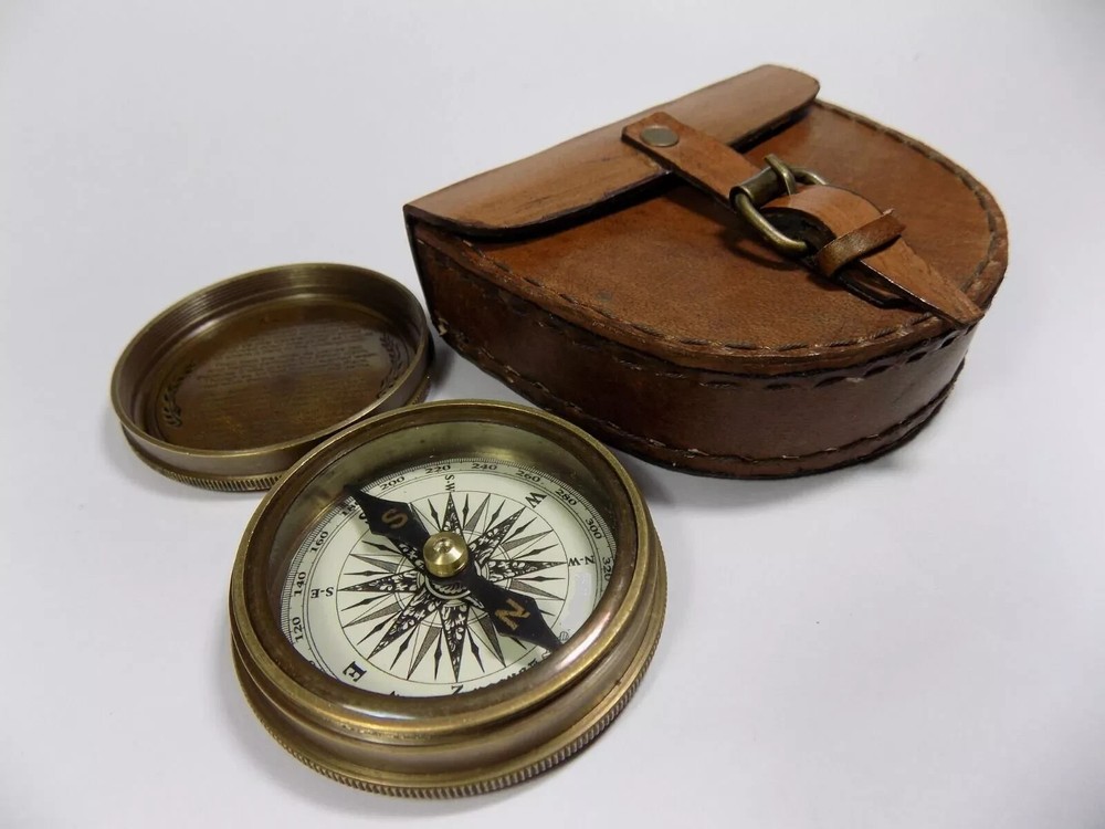 Authentic Designer Style Brass Pocket Compass with Leather Case Rustic Vintage