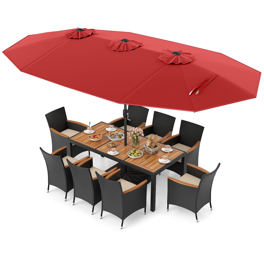 11 PCS Patio Wicker Dining Set w/Double-Sided Outdoor Umbrella 8 Stackable