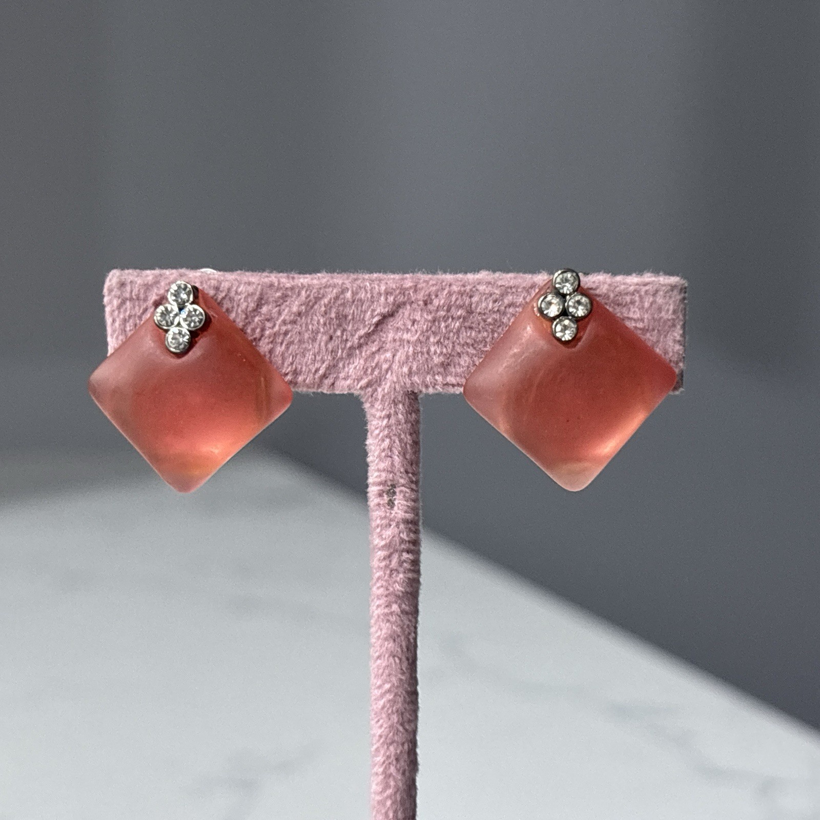 Vintage Clip On Earrings Frosted Lucite Rhinestone Thermoset Pink MCM Lot of 2