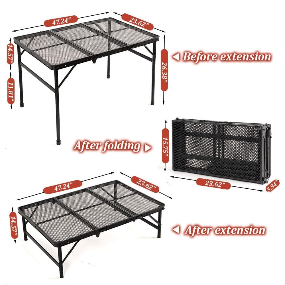 4FT 3-Fold Camping Table with Mesh Desktop Adjustable Height BBQ Grill Table