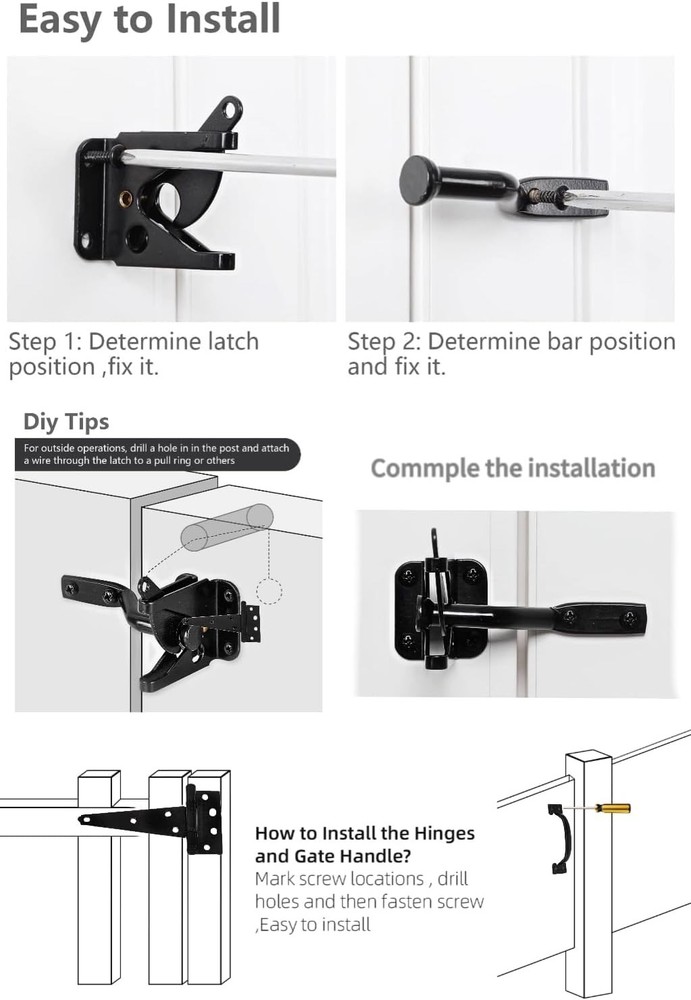 Wood Gate Hardware Set- Heavy Duty 6" Gate Tee Hinge,Pull Set Gate Hardware Kit