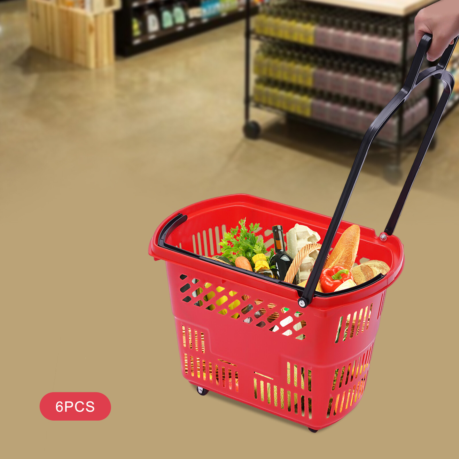 6Pcs Red Rolling Shopping Basket Plastic Rolling Shopping Carts with Handle 35L