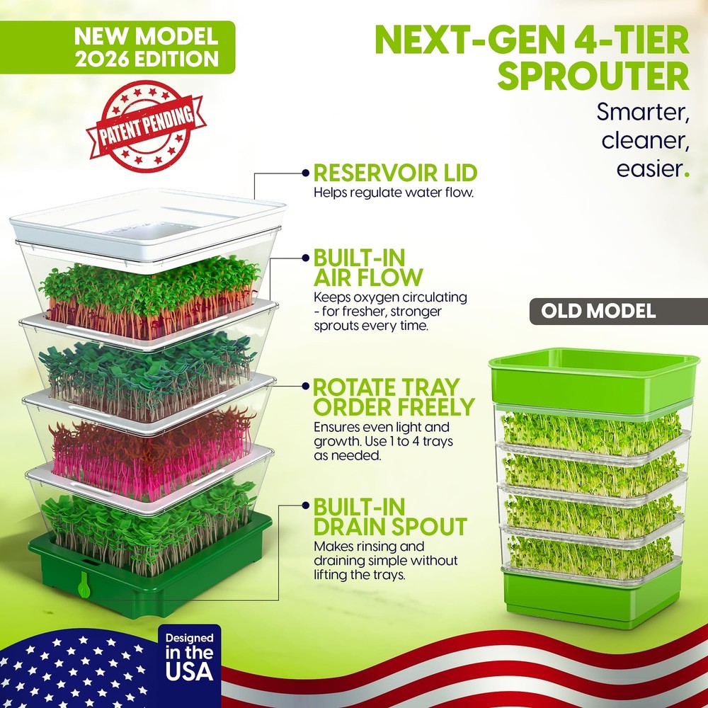 ZESTIGREENS 4-Tier Sprouting Kit - Stackable Seed Sprouter Tray w/ Drain Spout