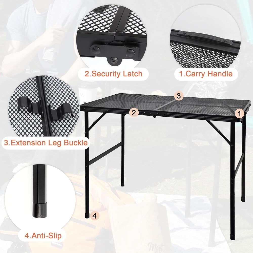 4FT 3-Fold Camping Table with Mesh Desktop Adjustable Height BBQ Grill Table