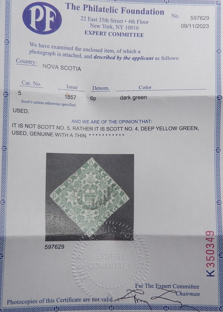 Nova Scotia Scott # 04, Used, PF Cert