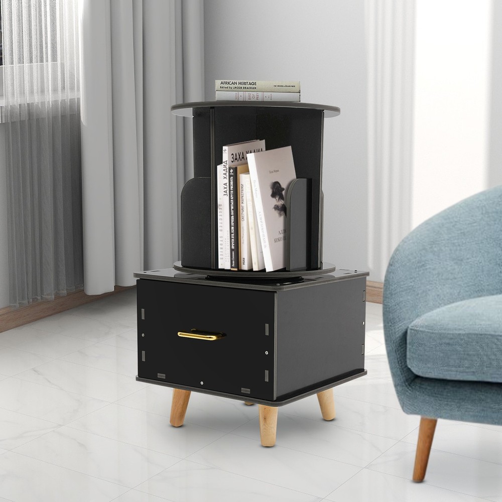 Bedside Table with Drawer, Corner High End Table, Rotating Bookshelf with Drawer