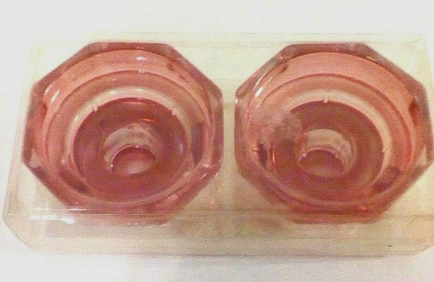 Candle Holders Red Glass Hexagon Shaped Pair 5"