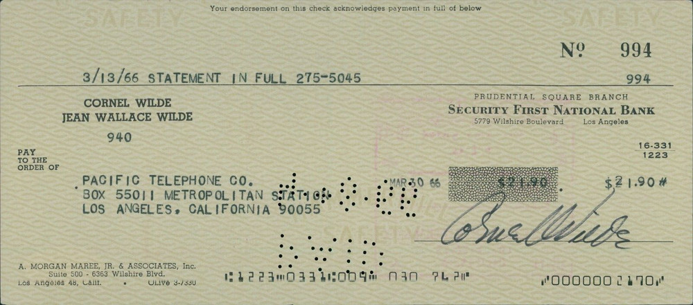Cornel Wilde Actor Singer Signed Cancelled Check JSA Authenticated