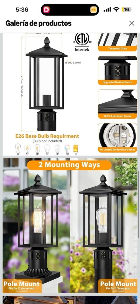 Motion Sensor Waterproof Outdoor Aluminum Post Light, E26 Base, 4 Modes, Black