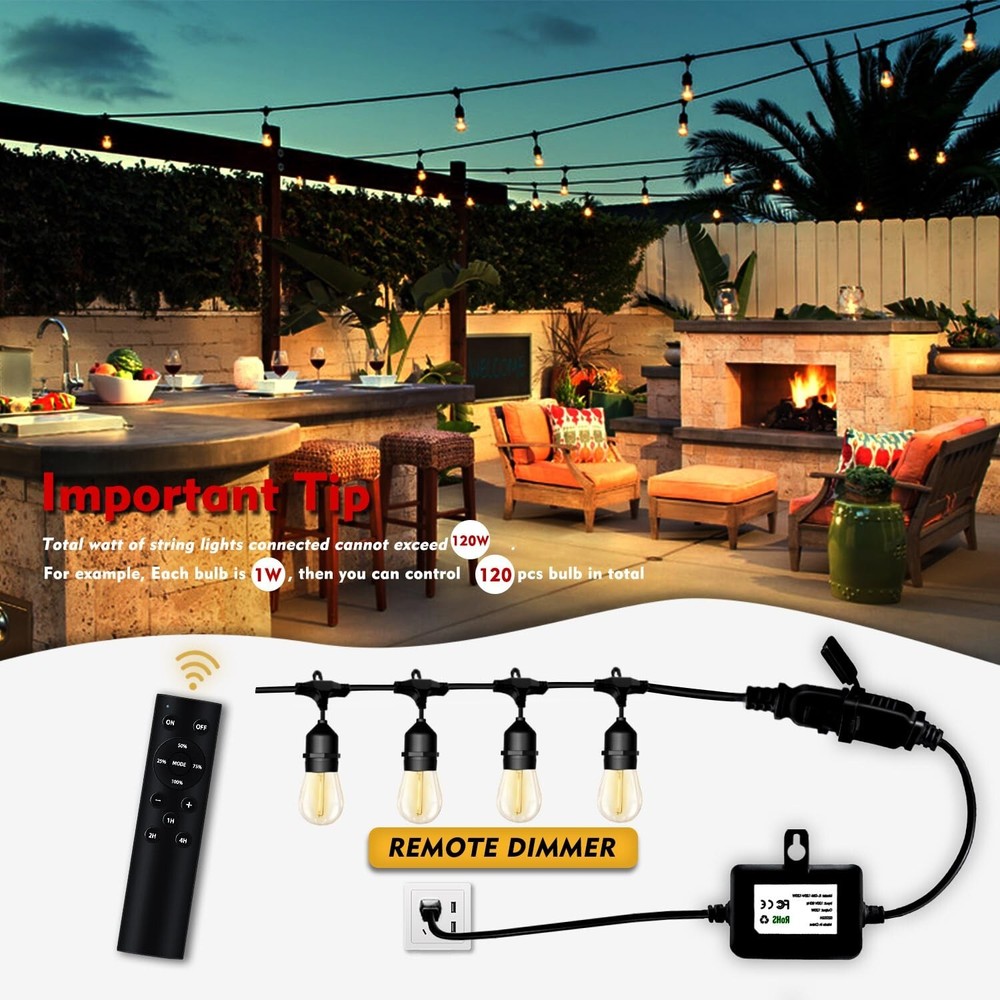 120W(Max) Remote Dimmer Timer Function Plug in for All Outdoor String Lights,...