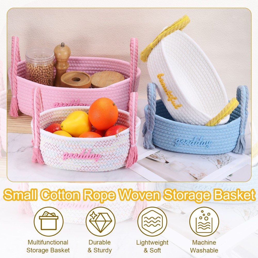 Rectangular Rope Basket, 14.6x7.9x7.1 Inch Small Woven Baskets, Pink