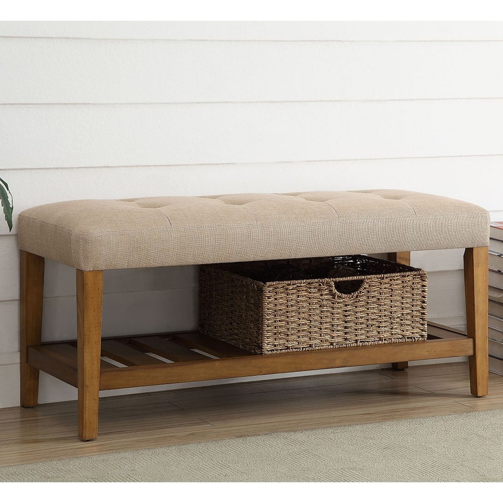 Beige and Oak Tufted Padded Seat Bench