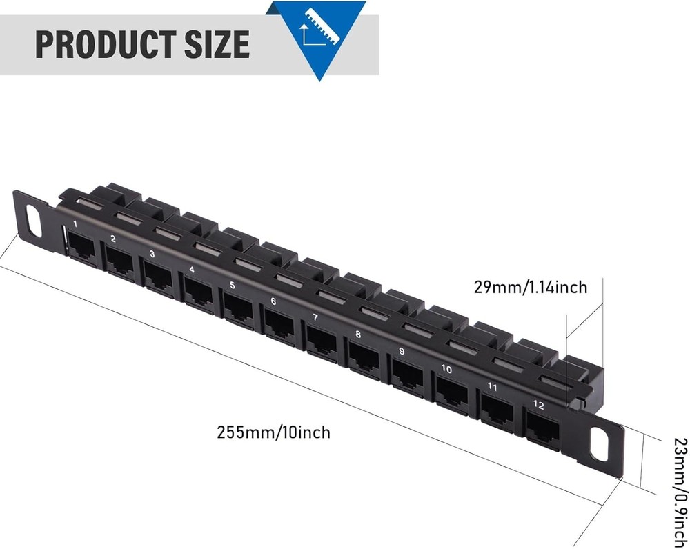 12-Port 0.5U CAT6 Network Patch Panel for 10 inch Server Rack RackMate T1