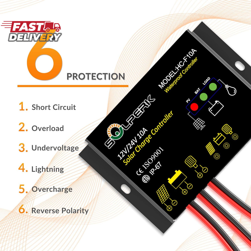 SOLPERK 10A Solar Charge Controller Waterproof Solar Panel Controller 12V/24V PW