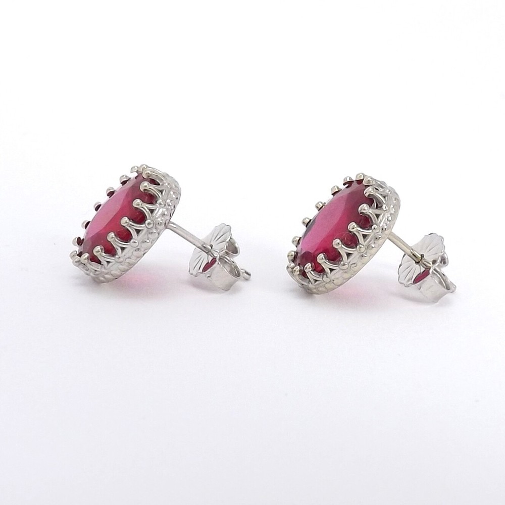 14k White Gold Oval Crown Setting Stud Earrings Natural Ruby July Birthstone New