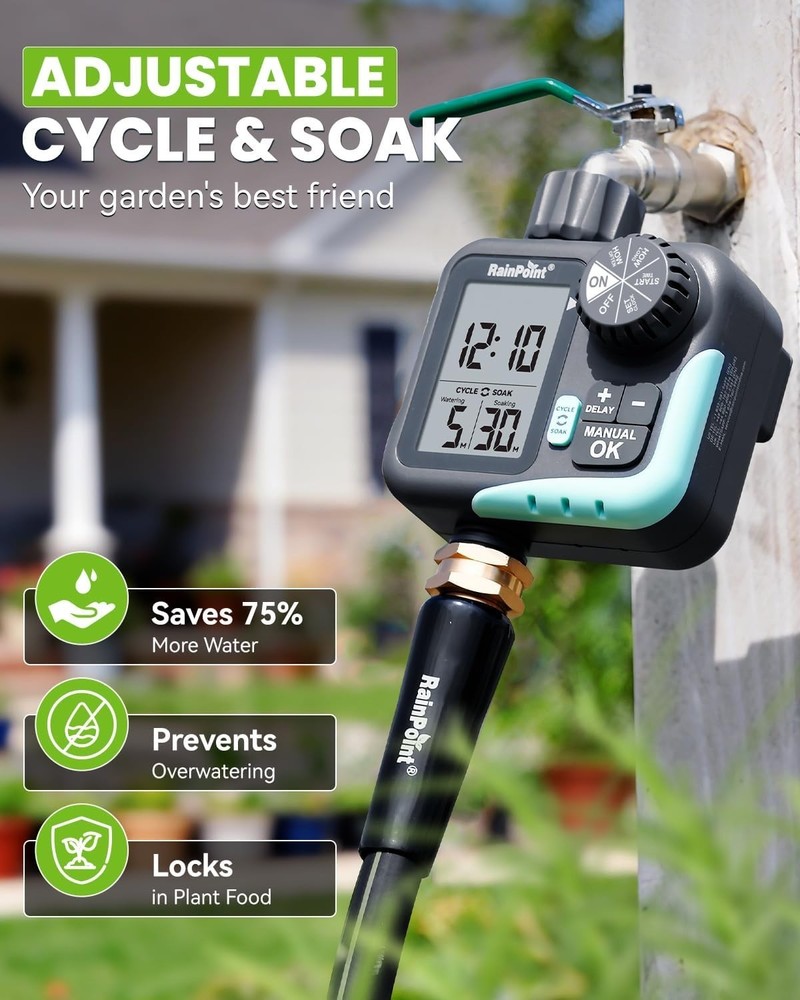 Programmable Garden Hose Sprinkler Timer with Cycle & Soak, Rain Delay