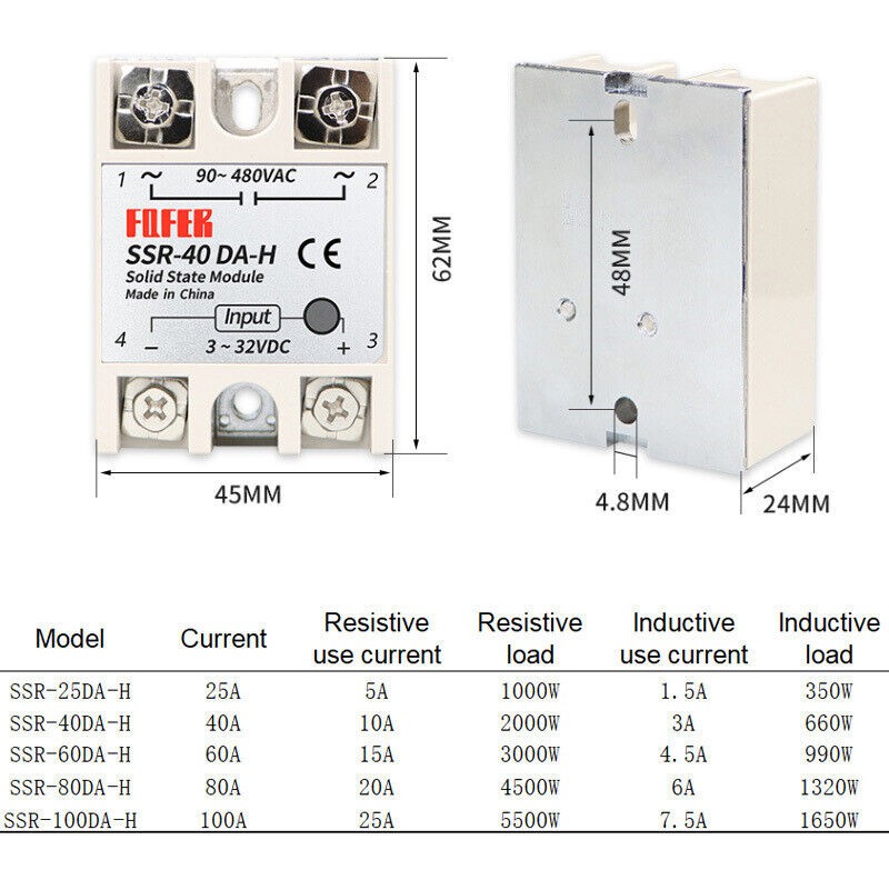 Solid State Relay Module SSR-25DA-H High Voltage Resistance 90-480V