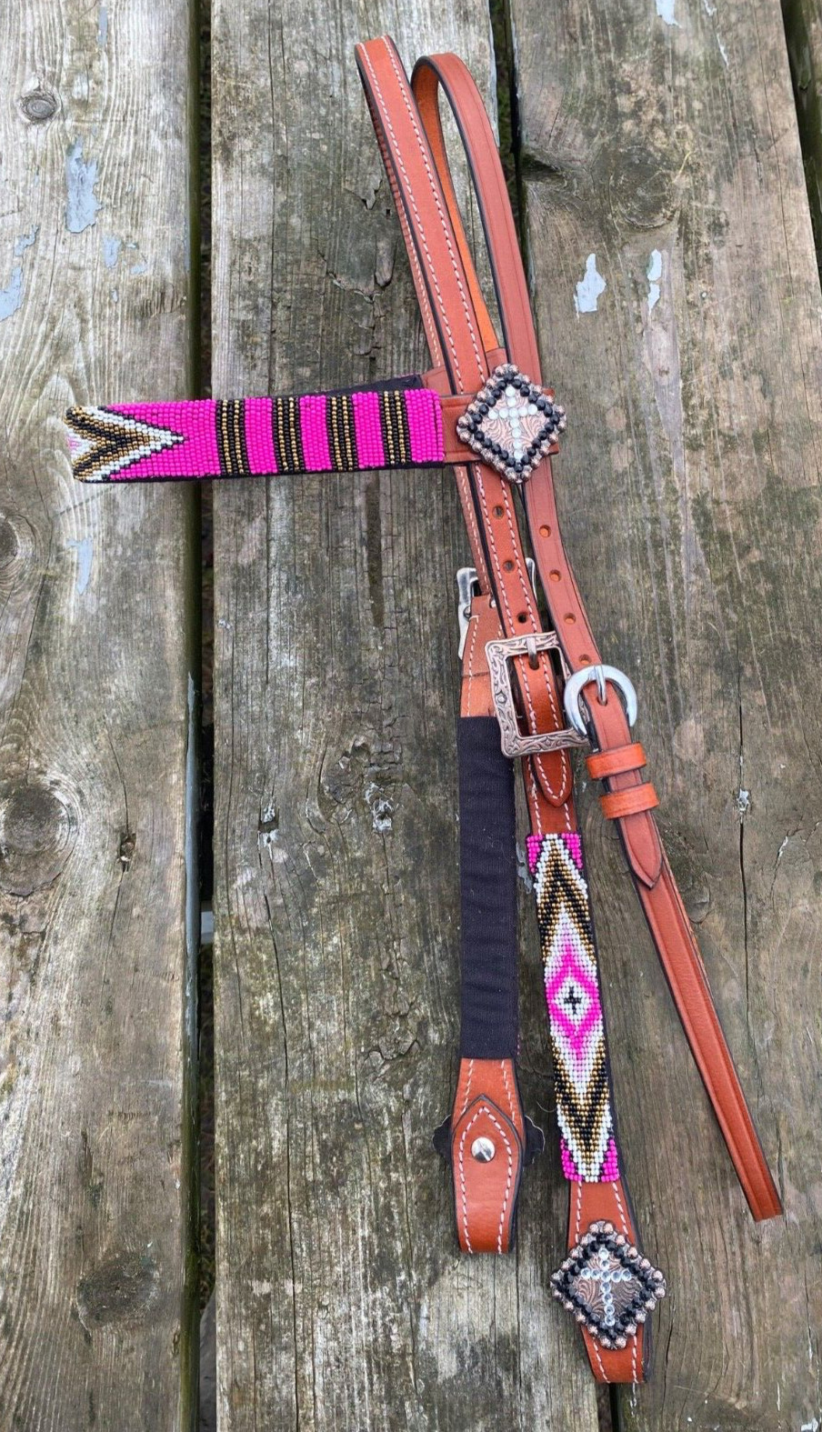Western brow band headstall w/beaded overlay, copper conchos various colors