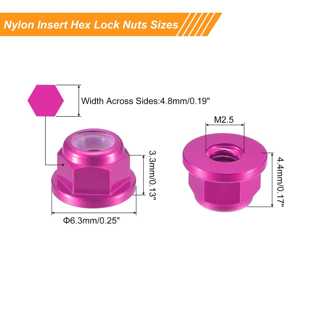 Nylon Insert Hex Lock Nuts, 10pcs - M2.5x0.45mm Self-Locking Nut(Pink)
