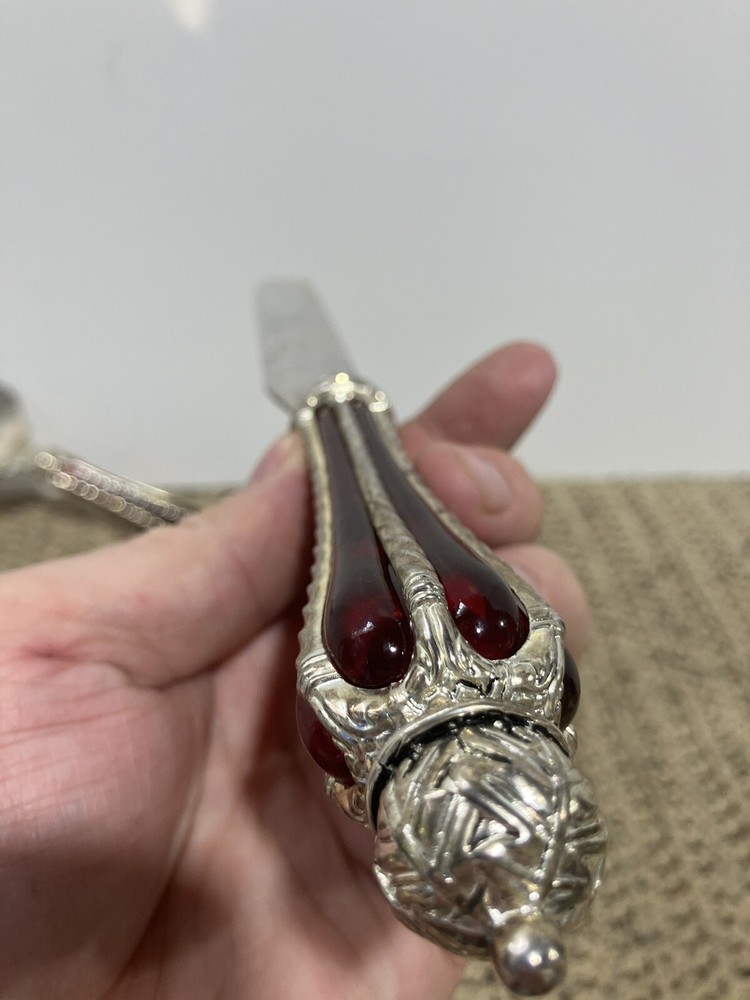 Silver Plated Dessert Set-Knife & Server w/Ruby Red Glass & Silver Accent Handle
