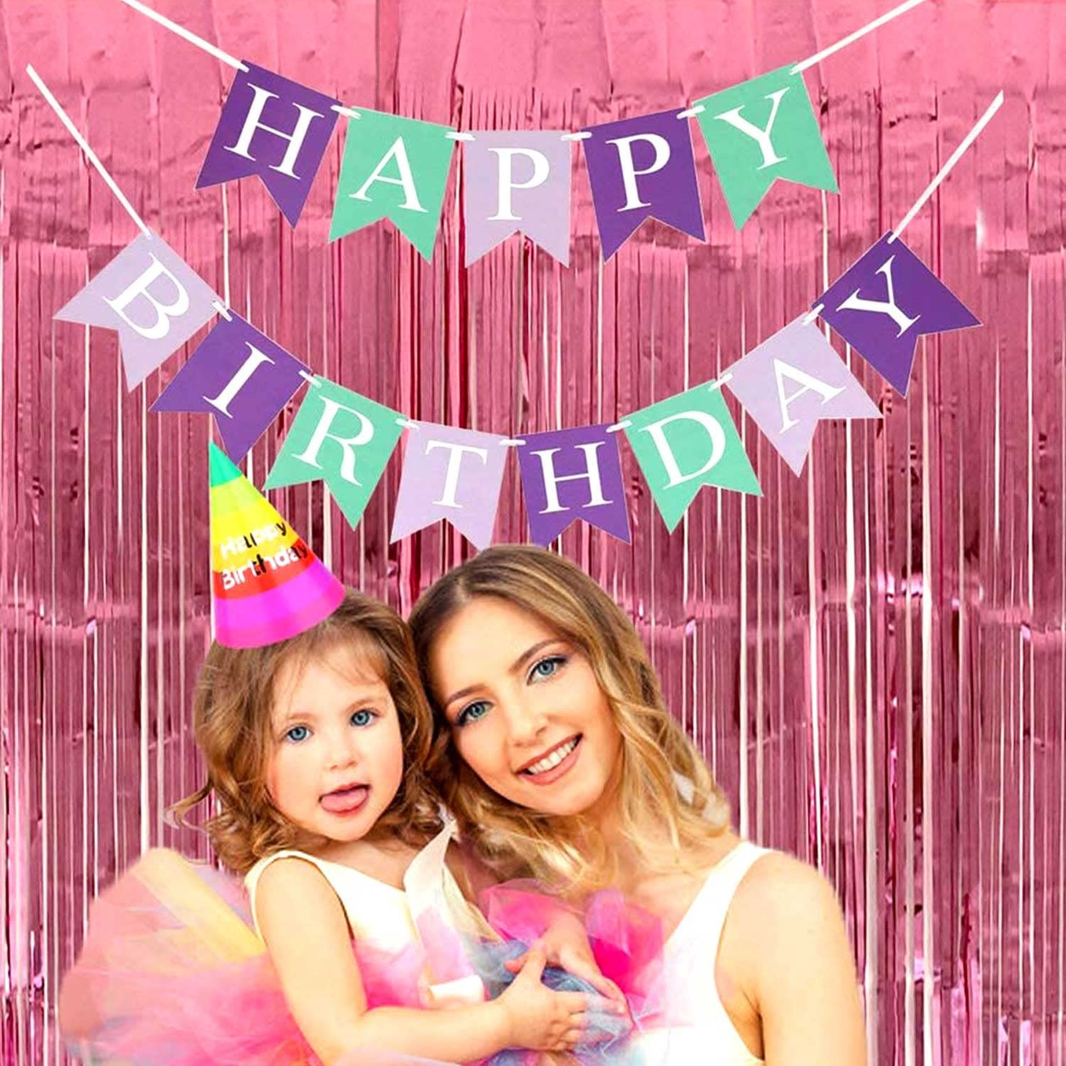 4 Pack Pink Foil Fringe Curtain Backdrop 3.28x8.2 Ft Metallic Tinsel Streamer