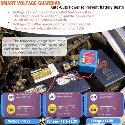 Remote Battery Disconnect Switch 12V, 240A Smart Voltage Sensitive Car Kill