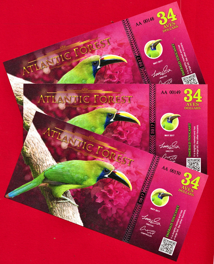 34 AVES DOLLARS 2017 ATLANTIC FOREST EMERALD TOUCANET 3-DIGITS SERIAL # UNC NOTE