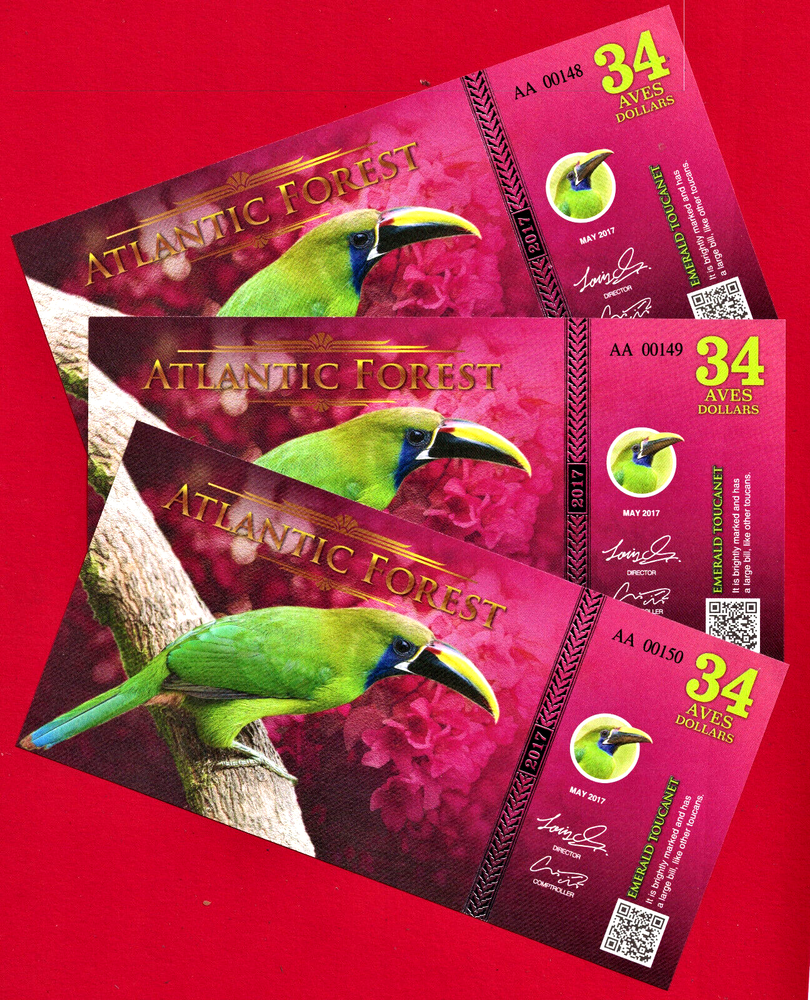 ATLANTIC FOREST 34 AVES DOLLARS 2017 EMERALD TOUCANET 3-DIGITS SERIAL UNC NOTE