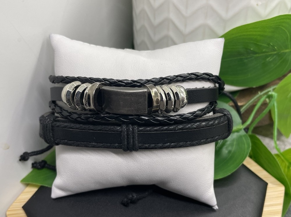 2 PC Leather Bracelet  Stackable Adjustable Tie Free Bar  Charm B5219